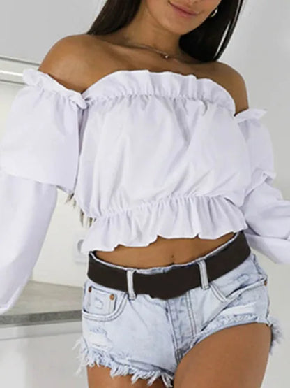 Tops cortos con hombros descubiertos de color caramelo para mujer, camisas de verano con estampado de lunares y mangas acampanadas, blusa playera sexy con cuello oblicuo para mujer