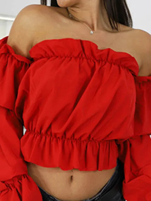 Tops cortos con hombros descubiertos de color caramelo para mujer, camisas de verano con estampado de lunares y mangas acampanadas, blusa playera sexy con cuello oblicuo para mujer