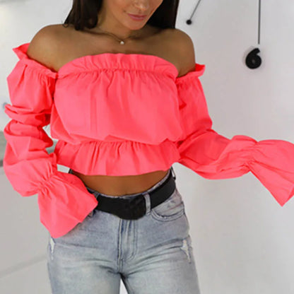 Tops cortos con hombros descubiertos de color caramelo para mujer, camisas de verano con estampado de lunares y mangas acampanadas, blusa playera sexy con cuello oblicuo para mujer