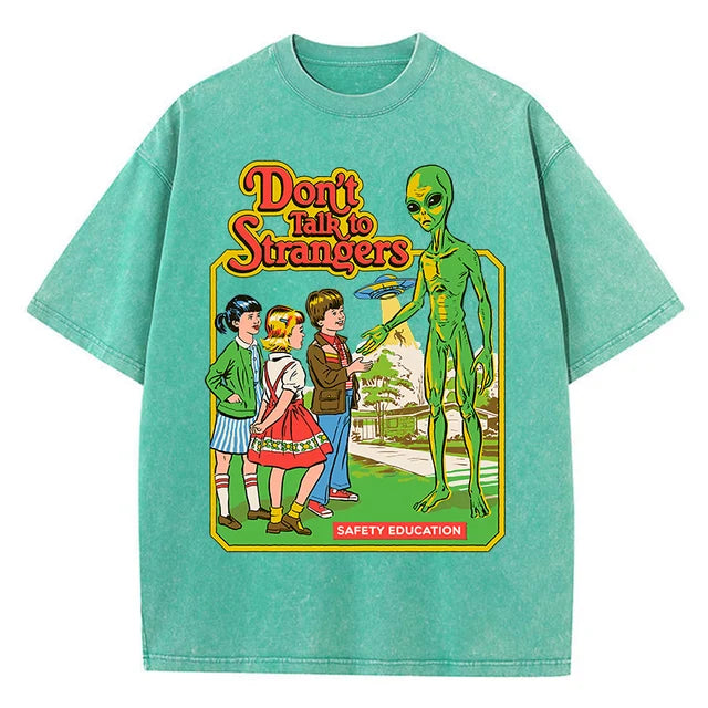 Cartoon Alien Classic Communication Print Women T-shirt Breathable Cotton Short Sleeve Washed Vintage Worn Out Female T Shirts