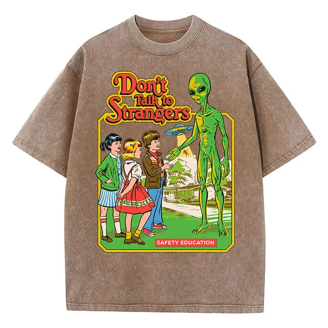 Cartoon Alien Classic Communication Print Women T-shirt Breathable Cotton Short Sleeve Washed Vintage Worn Out Female T Shirts