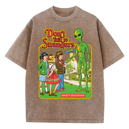 Cartoon Alien Classic Communication Print Women T-shirt Breathable Cotton Short Sleeve Washed Vintage Worn Out Female T Shirts