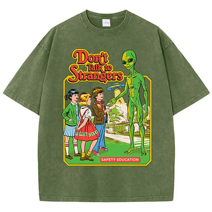 Cartoon Alien Classic Communication Print Women T-shirt Breathable Cotton Short Sleeve Washed Vintage Worn Out Female T Shirts