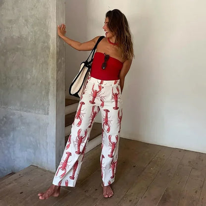 Conjunto de pantalones largos con estampado de dibujos animados para mujer, camiseta de manga corta, pantalones de pierna ancha y cintura alta, conjunto de 2 piezas, verano 2025