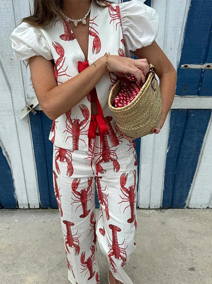 Conjunto de pantalones largos con estampado de dibujos animados para mujer, camiseta de manga corta, pantalones de pierna ancha y cintura alta, conjunto de 2 piezas, verano 2025