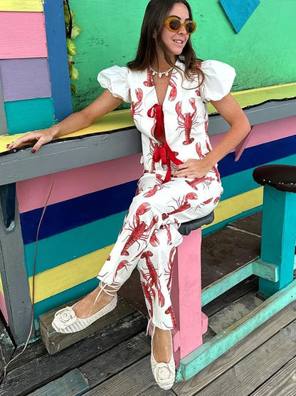 Conjunto de pantalones largos con estampado de dibujos animados para mujer, camiseta de manga corta, pantalones de pierna ancha y cintura alta, conjunto de 2 piezas, verano 2025