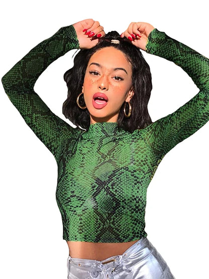 Casual Green Snake Print T Shirt Women Mesh Top Long Sleeve Transparent Snakeskin Female T-shirt High Neck Crop Tops