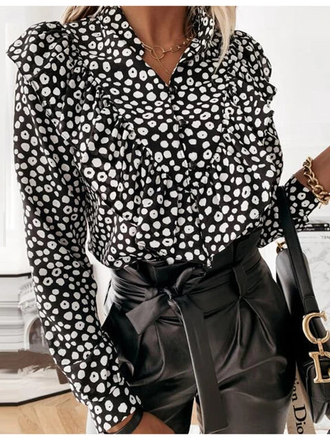 Blusa informal con estampado de leopardo y lunares con volantes para otoño e invierno, camisa de manga larga para mujer, blusa elegante con cuello en V y botones para oficina