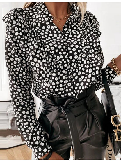 Blusa informal con estampado de leopardo y lunares con volantes para otoño e invierno, camisa de manga larga para mujer, blusa elegante con cuello en V y botones para oficina