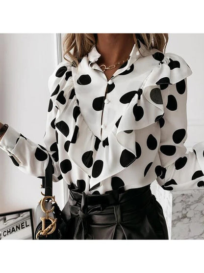 Blusa informal con estampado de leopardo y lunares con volantes para otoño e invierno, camisa de manga larga para mujer, blusa elegante con cuello en V y botones para oficina