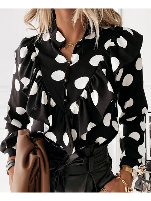 Blusa informal con estampado de leopardo y lunares con volantes para otoño e invierno, camisa de manga larga para mujer, blusa elegante con cuello en V y botones para oficina