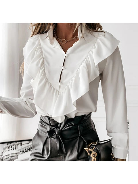 Blusa informal con estampado de leopardo y lunares con volantes para otoño e invierno, camisa de manga larga para mujer, blusa elegante con cuello en V y botones para oficina
