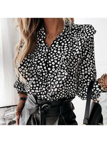 Blusa informal con estampado de leopardo y lunares con volantes para otoño e invierno, camisa de manga larga para mujer, blusa elegante con cuello en V y botones para oficina