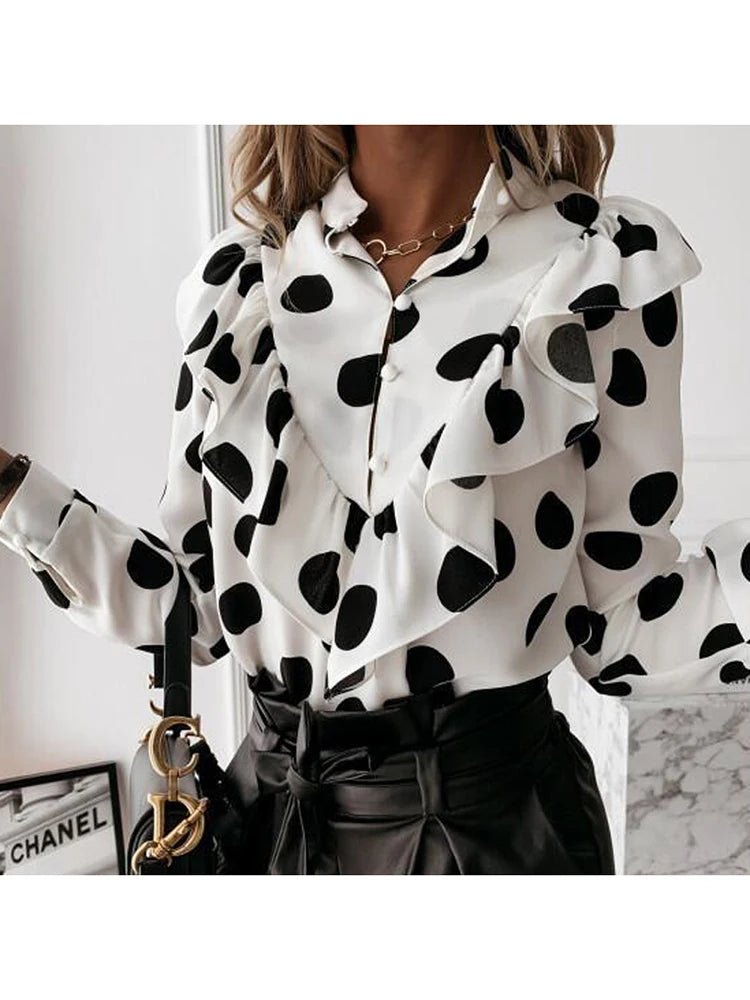 Blusa informal con estampado de leopardo y lunares con volantes para otoño e invierno, camisa de manga larga para mujer, blusa elegante con cuello en V y botones para oficina