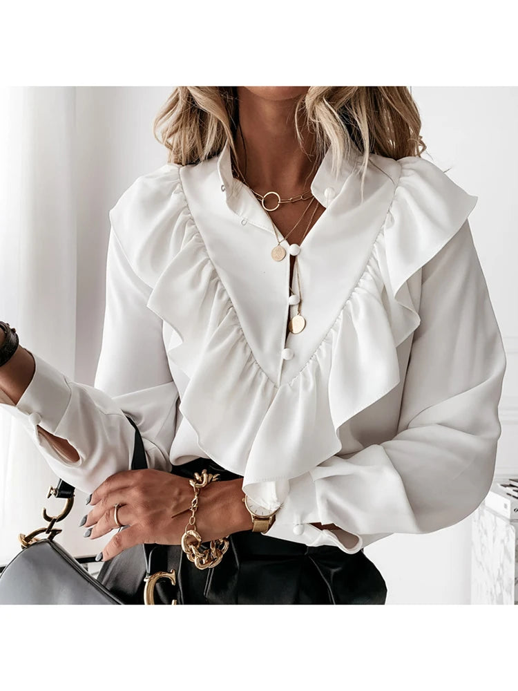 Blusa informal con estampado de leopardo y lunares con volantes para otoño e invierno, camisa de manga larga para mujer, blusa elegante con cuello en V y botones para oficina