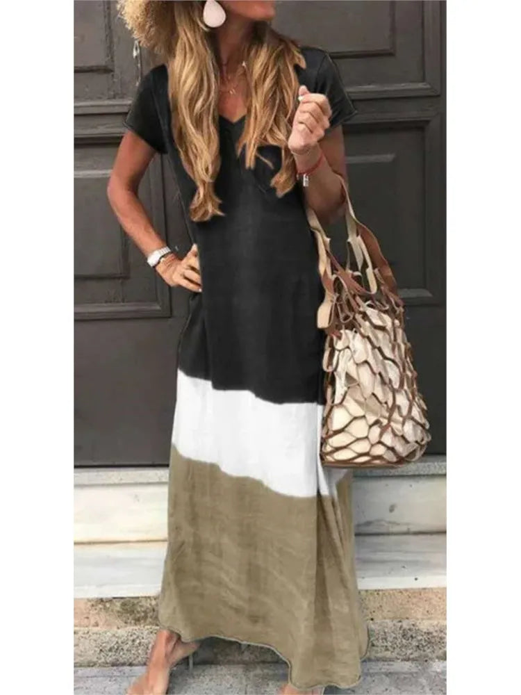 Vestidos largos casuales sueltos con colores contrastantes para mujer, moda de verano, cuello en V, mangas cortas, vestido maxi para mujer, vestidos para ir al trabajo, nuevos