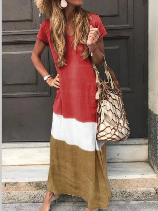 Vestidos largos casuales sueltos con colores contrastantes para mujer, moda de verano, cuello en V, mangas cortas, vestido maxi para mujer, vestidos para ir al trabajo, nuevos