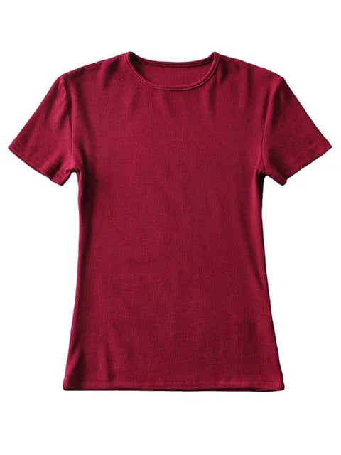 Casual Summer Woman Skinny Fit T-shirt Tight Short-Sleeve O-neck Tee Basic Solid Crop Tops T Shirt