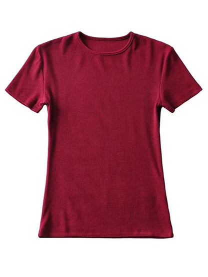 Casual Summer Woman Skinny Fit T-shirt Tight Short-Sleeve O-neck Tee Basic Solid Crop Tops T Shirt