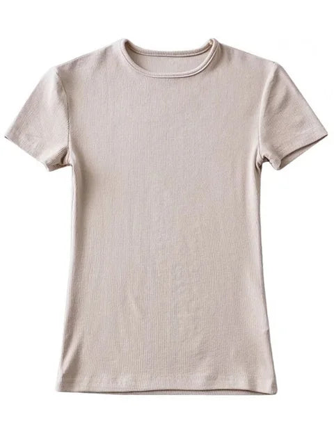 Casual Summer Woman Skinny Fit T-shirt Tight Short-Sleeve O-neck Tee Basic Solid Crop Tops T Shirt