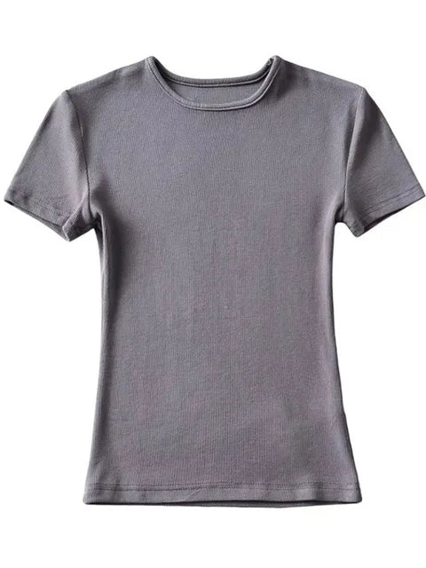 Casual Summer Woman Skinny Fit T-shirt Tight Short-Sleeve O-neck Tee Basic Solid Crop Tops T Shirt