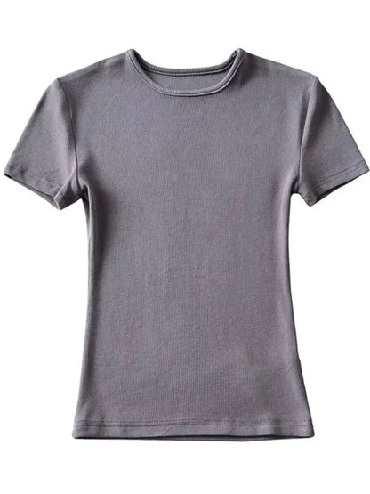 Casual Summer Woman Skinny Fit T-shirt Tight Short-Sleeve O-neck Tee Basic Solid Crop Tops T Shirt