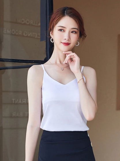 Casual V-Neck Sexy Solid Satin Woman Camis Tank Tops Chiffon Sleeveless Camisole Top Halter Camis Tops