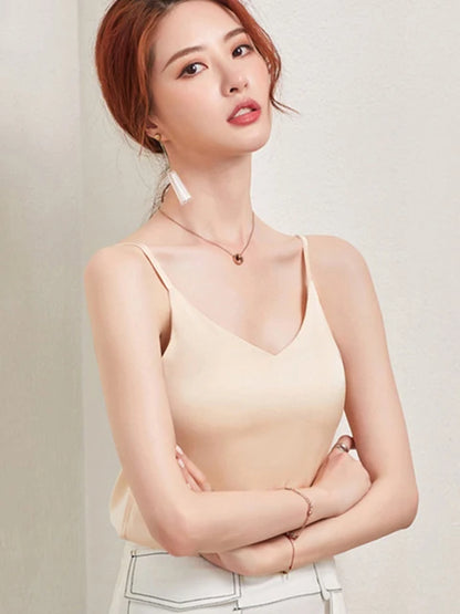 Casual V-Neck Sexy Solid Satin Woman Camis Tank Tops Chiffon Sleeveless Camisole Top Halter Camis Tops