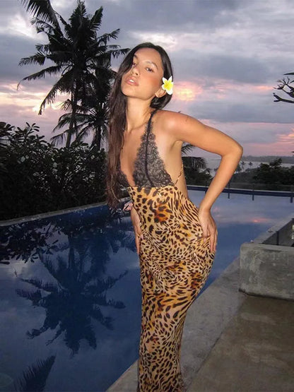Chic Lace Leopard Patchwork Halter Long Dress Women 2025 Sexy V-neck Sleeveless Backless Dress Lady Elegant Party Bodycon Dress