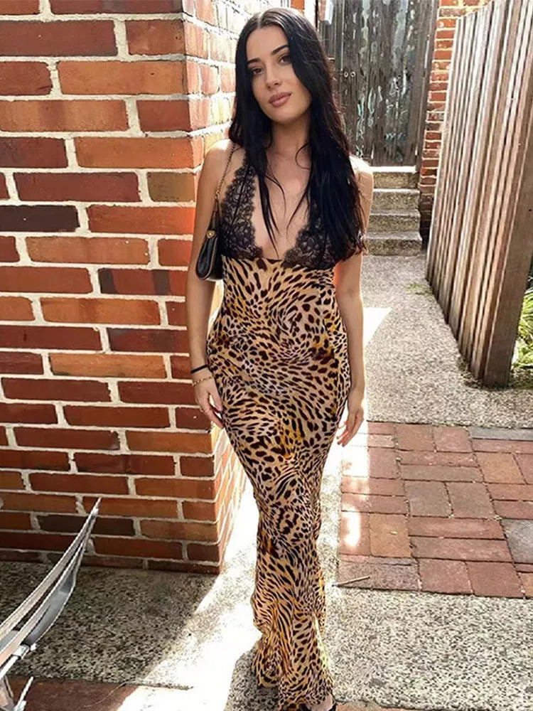 Chic Lace Leopard Patchwork Halter Long Dress Women 2025 Sexy V-neck Sleeveless Backless Dress Lady Elegant Party Bodycon Dress