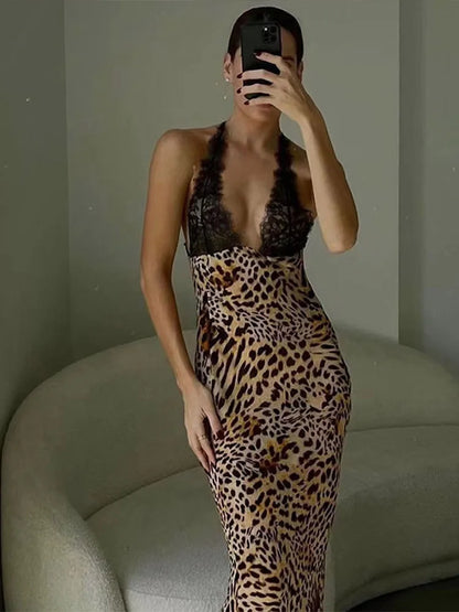 Chic Lace Leopard Patchwork Halter Long Dress Women 2025 Sexy V-neck Sleeveless Backless Dress Lady Elegant Party Bodycon Dress