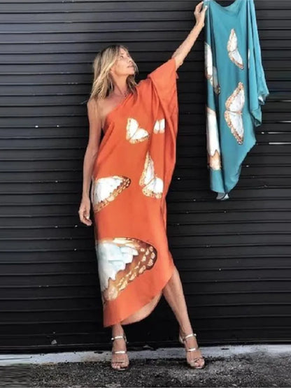 Vestido largo irregular con estampado de mariposas de colores y un solo hombro para mujer, sexy, holgado, con hombros descubiertos, para playa y vacaciones, ropa de calle