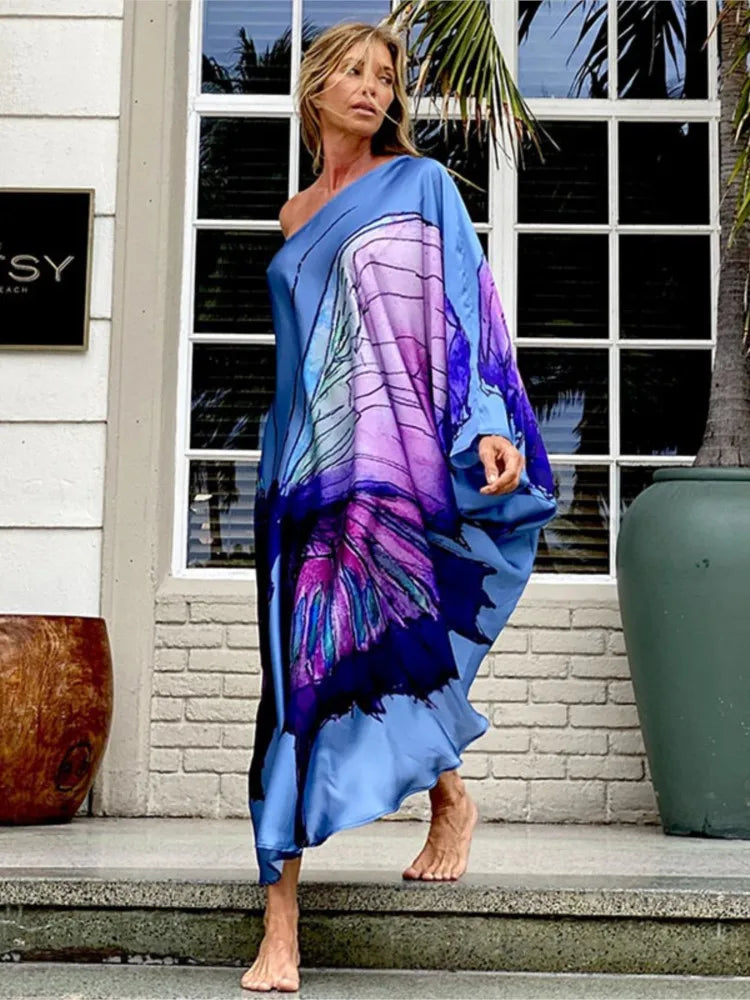 Vestido largo irregular con estampado de mariposas de colores y un solo hombro para mujer, sexy, holgado, con hombros descubiertos, para playa y vacaciones, ropa de calle