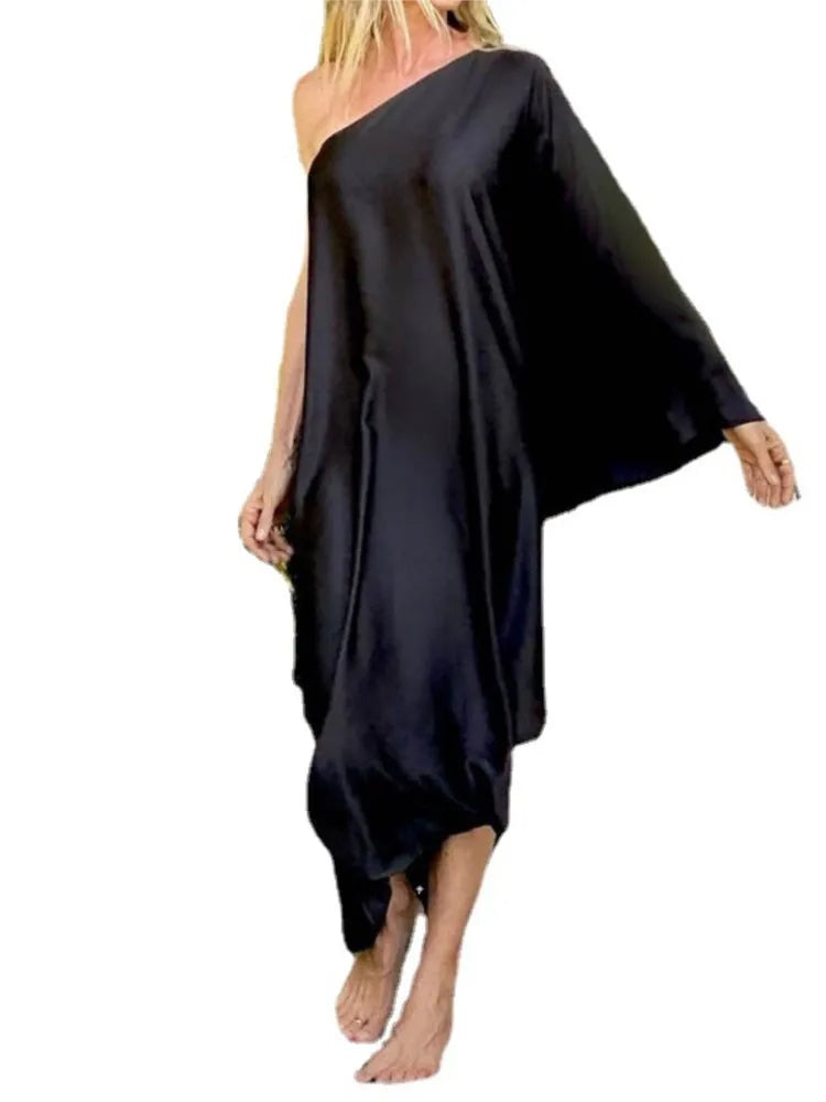 Vestido largo irregular con estampado de mariposas de colores y un solo hombro para mujer, sexy, holgado, con hombros descubiertos, para playa y vacaciones, ropa de calle