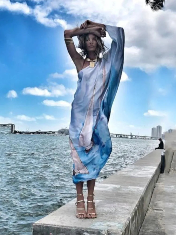 Vestido largo irregular con estampado de mariposas de colores y un solo hombro para mujer, sexy, holgado, con hombros descubiertos, para playa y vacaciones, ropa de calle