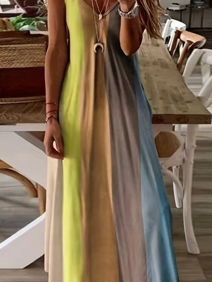 Vestidos de tirantes finos con estampado de degradado de color para mujer, moda de verano, cuello en V, estilo de vacaciones de playa, vestidos largos de línea A para mujer