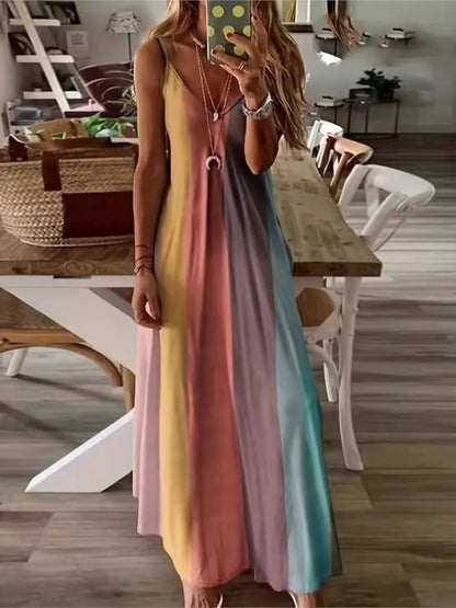 Vestidos de tirantes finos con estampado de degradado de color para mujer, moda de verano, cuello en V, estilo de vacaciones de playa, vestidos largos de línea A para mujer