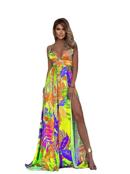Vestido largo con tirantes finos y estampado a color para mujer, sexy, con escote en V profundo y abertura en la espalda, estilo bohemio, para vacaciones en la playa