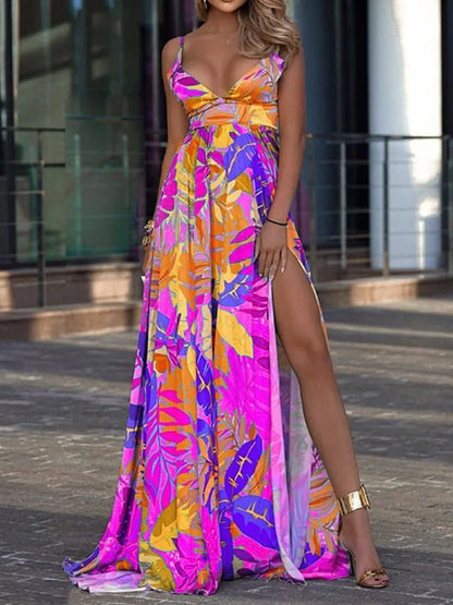 Vestido largo con tirantes finos y estampado a color para mujer, sexy, con escote en V profundo y abertura en la espalda, estilo bohemio, para vacaciones en la playa