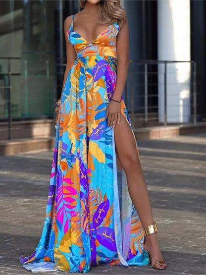 Vestido largo con tirantes finos y estampado a color para mujer, sexy, con escote en V profundo y abertura en la espalda, estilo bohemio, para vacaciones en la playa