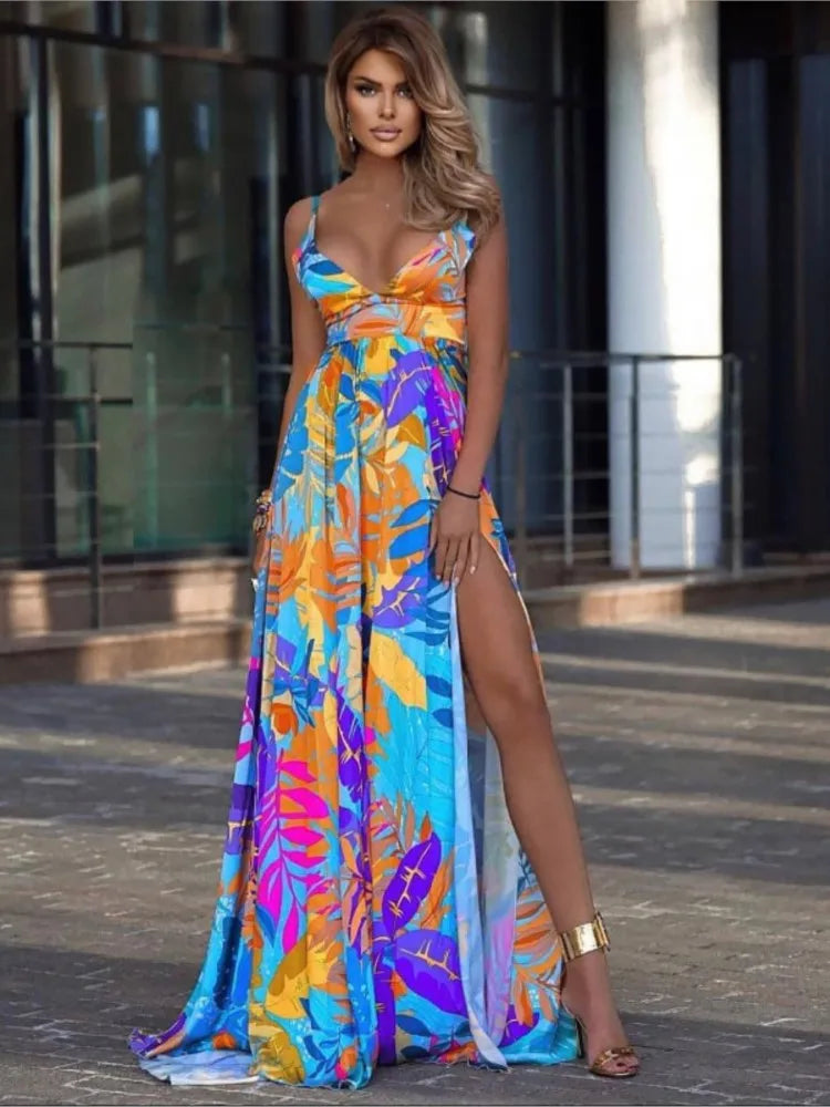 Vestido largo con tirantes finos y estampado a color para mujer, sexy, con escote en V profundo y abertura en la espalda, estilo bohemio, para vacaciones en la playa