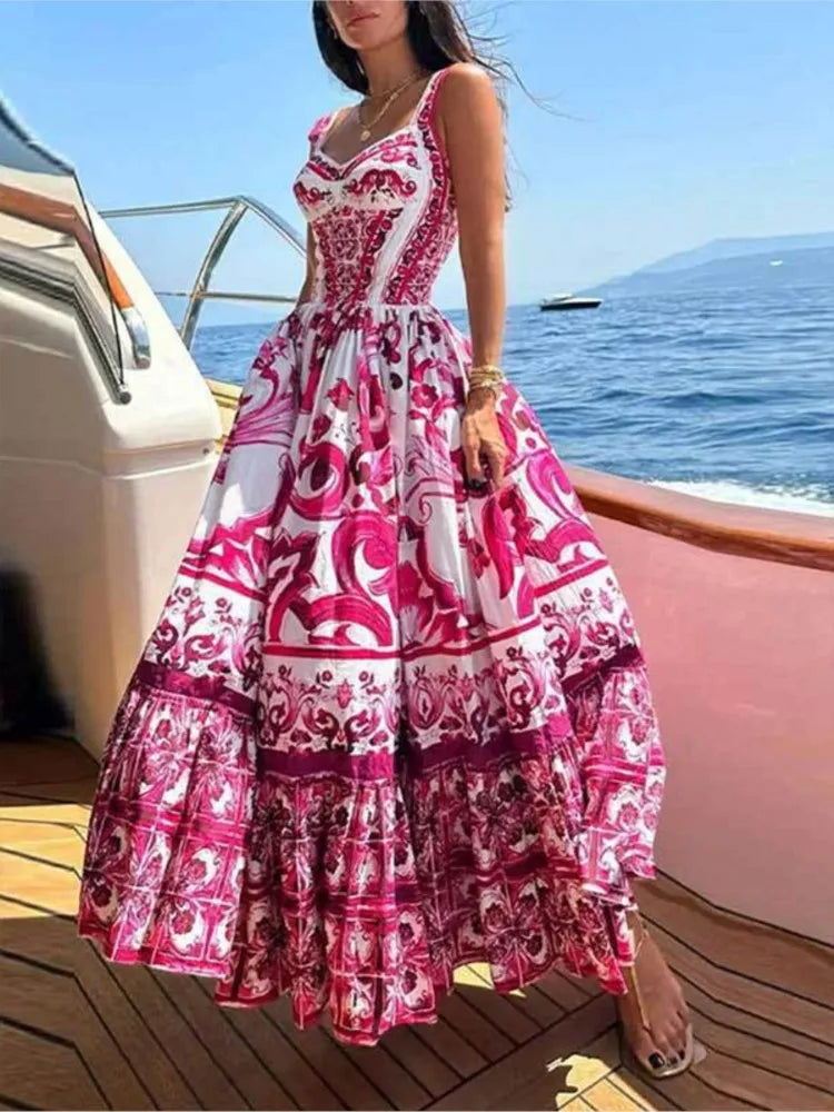 Color Printed Sexy Backless Spaghetti Strap Long Dress Fashion Sleeveless Vacation Beach Dresses For Women Chic Female Vestidos