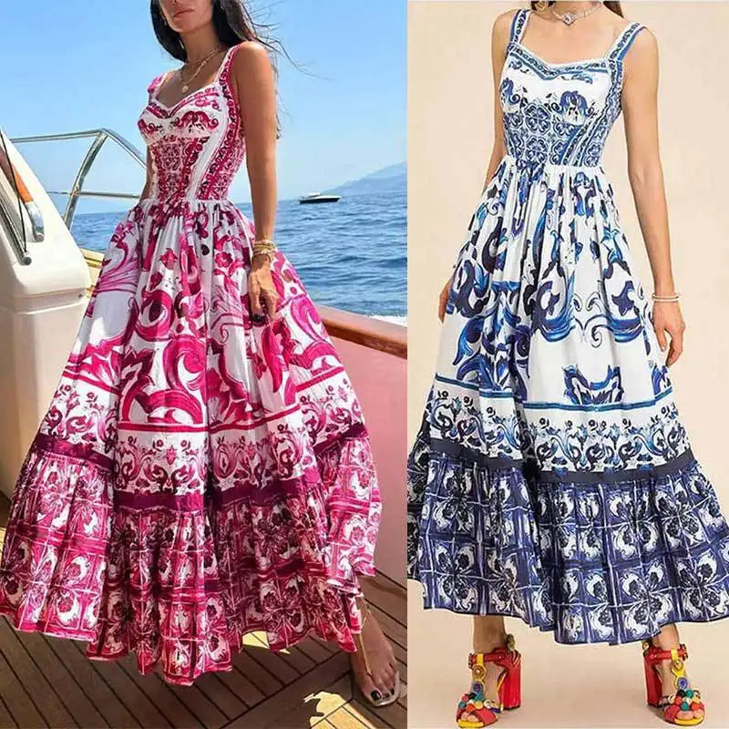 Color Printed Sexy Backless Spaghetti Strap Long Dress Fashion Sleeveless Vacation Beach Dresses For Women Chic Female Vestidos