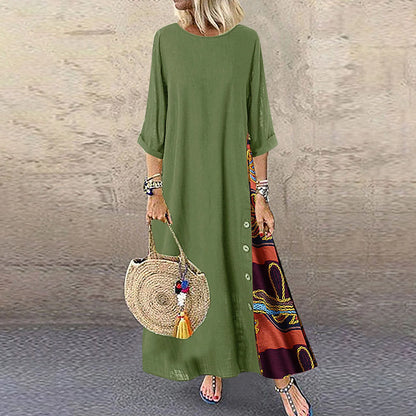 Vestidos largos vintage de lino y algodón para mujer, mangas tres cuartos, estampado empalmado, holgados, línea A, moda informal, maxivestido para mujer