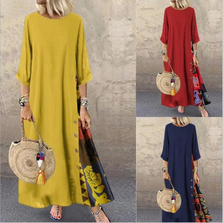 Vestidos largos vintage de lino y algodón para mujer, mangas tres cuartos, estampado empalmado, holgados, línea A, moda informal, maxivestido para mujer