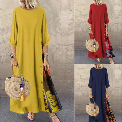 Vestidos largos vintage de lino y algodón para mujer, mangas tres cuartos, estampado empalmado, holgados, línea A, moda informal, maxivestido para mujer