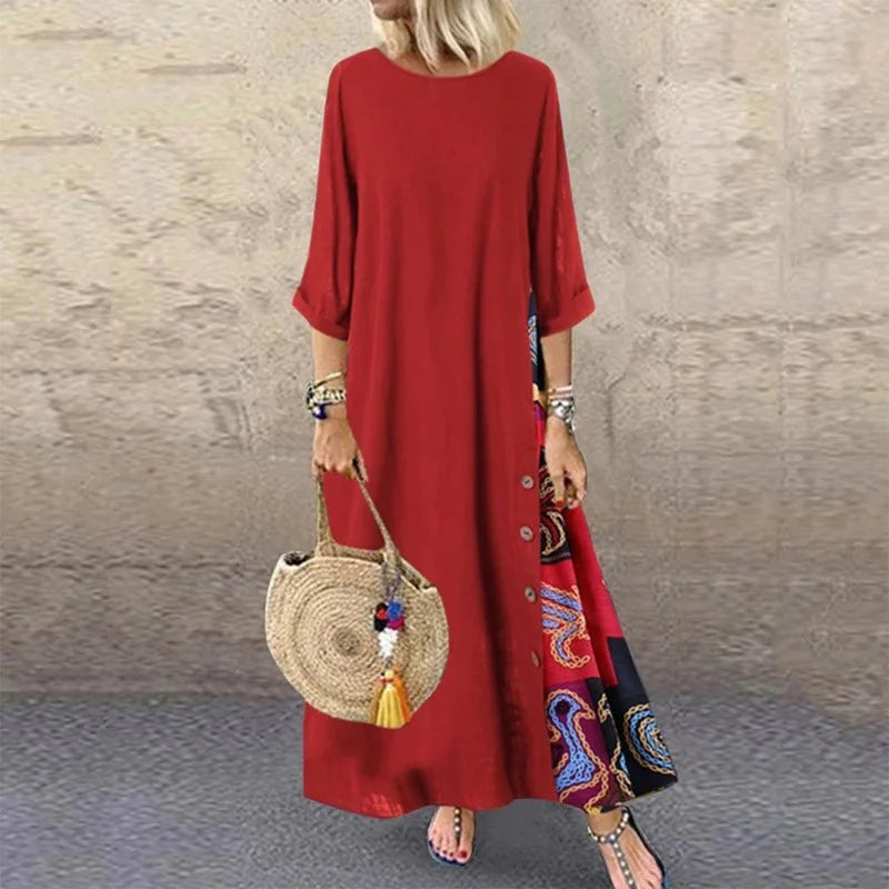 Vestidos largos vintage de lino y algodón para mujer, mangas tres cuartos, estampado empalmado, holgados, línea A, moda informal, maxivestido para mujer