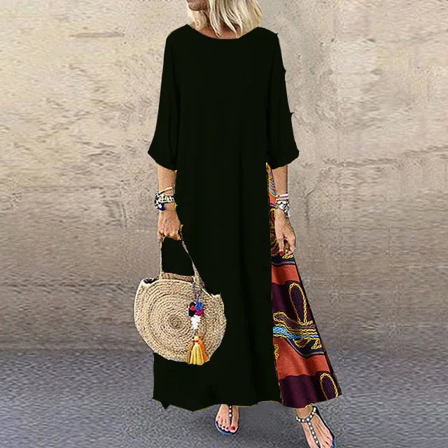 Vestidos largos vintage de lino y algodón para mujer, mangas tres cuartos, estampado empalmado, holgados, línea A, moda informal, maxivestido para mujer