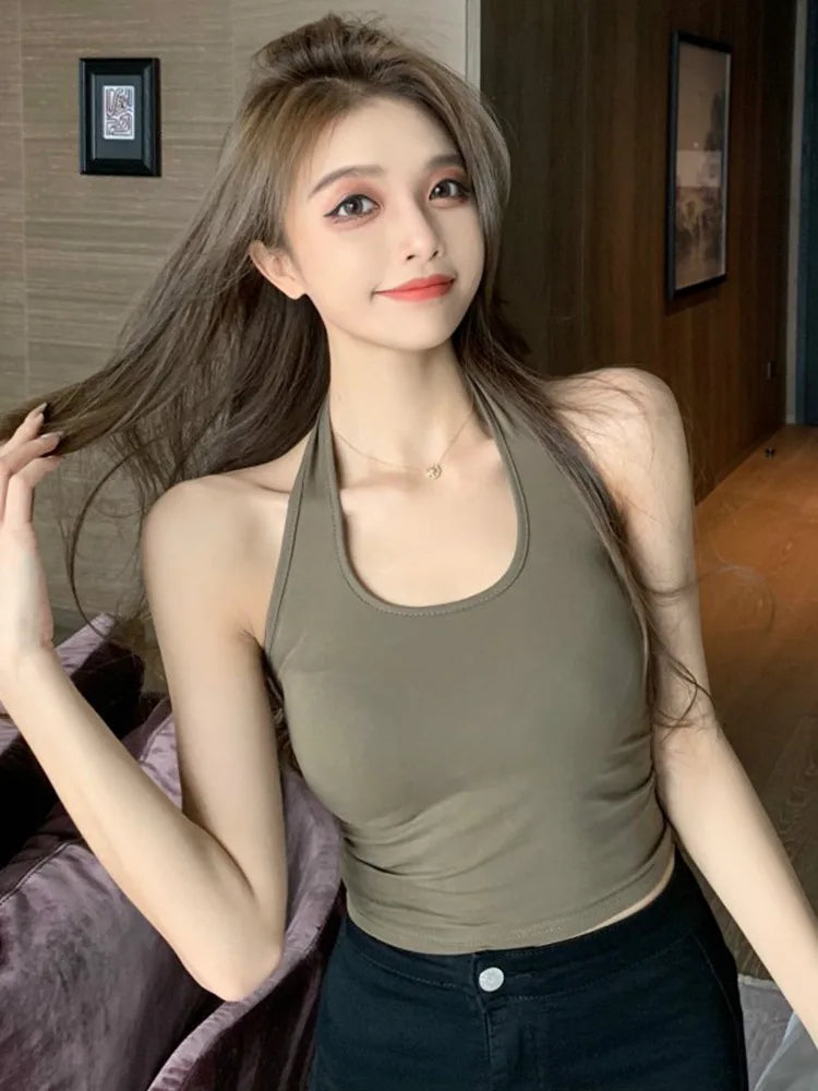 Cotton Sexy Backless Black White Tank Tops Halter Streetwear Vest Female Crop Top Summer 2025 New Fashion Ladies Tube Camis