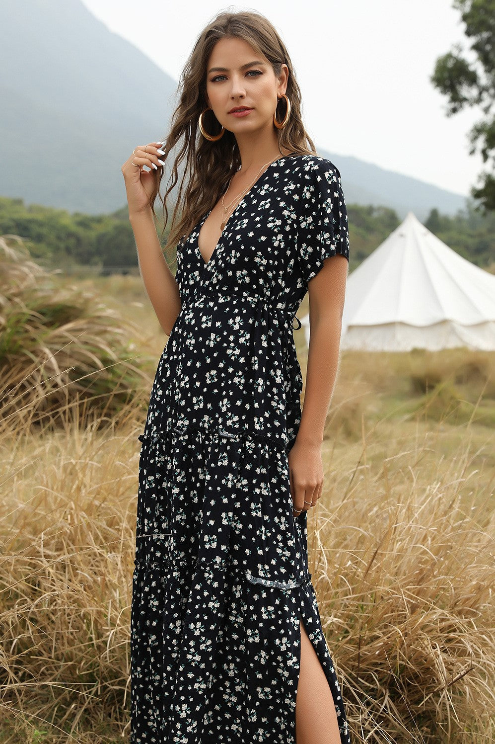 Cotton Ruffle Floral Bohemian Dress Blue